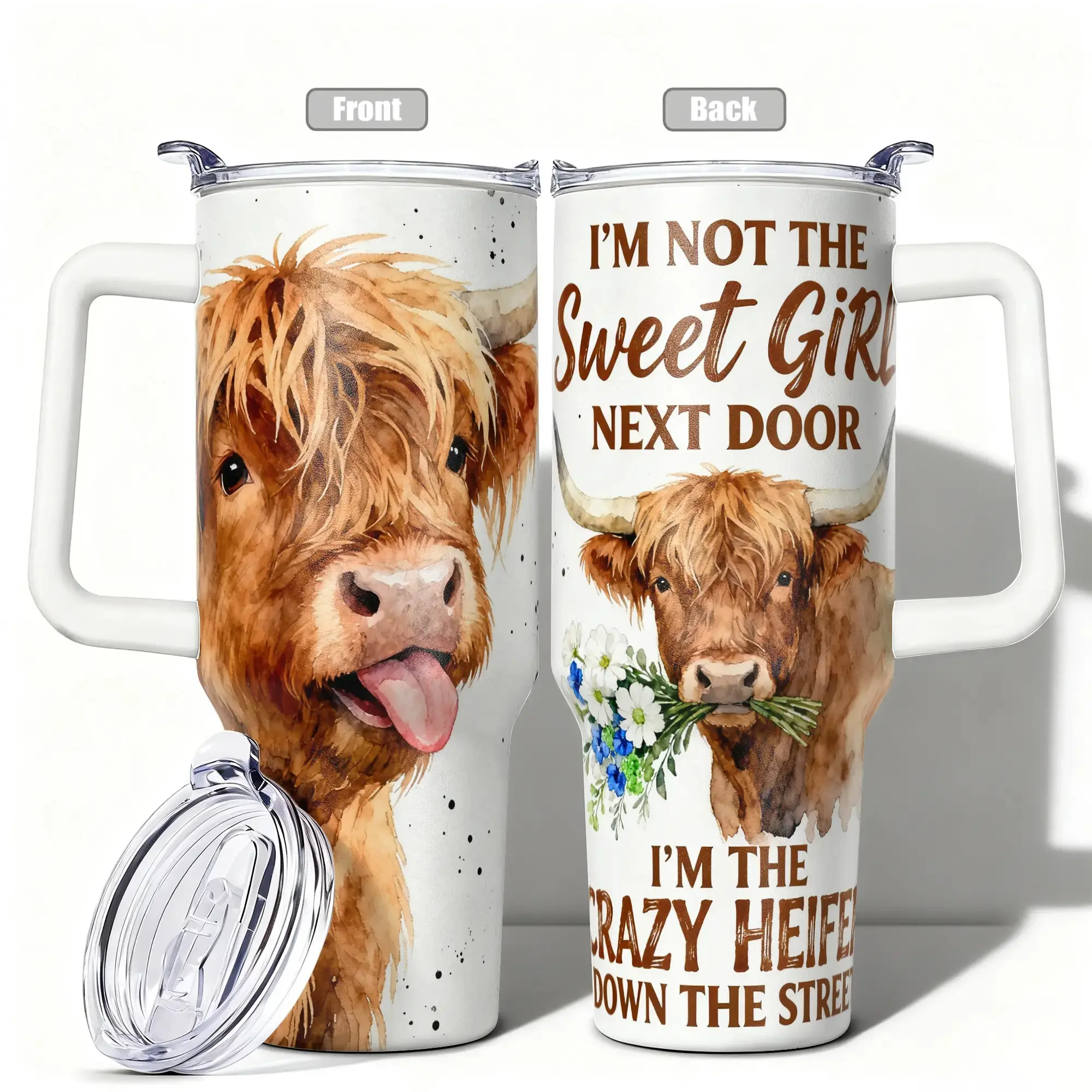 1pc, 40oz Stainless Steel Cup Highland Cow Double Wall Vacuum Insulated Cup, Leakproof Lid & Carry Handle Travel Mug for Outdoor Camping Hiking, Gift for Dad, Mom, Leakproof Tumbler, Leakproof Vacuum Flask