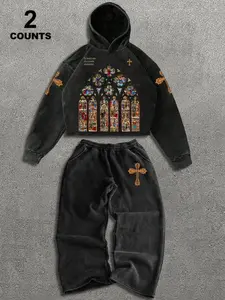 Men's Retro Church Print Hoodie, Casual Comfortable Fitted Pullover, Spring & Fall Fashion, Moderate Fabric Thickness