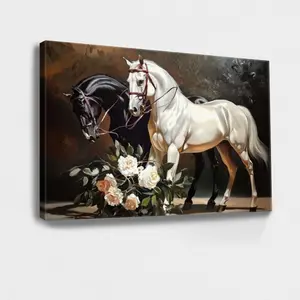 Horses, Flowers, Realistic Painting - Modern, Realistic, Detailed, Painting Style, Wall Decor Poster for Room, Wood Framed Canvas Painting Photo Ornaments Artwork Gifts 1pc Decoration Artistic Print