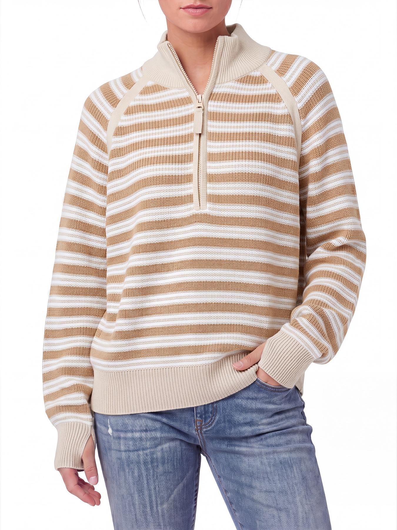 Wodubu Women's Knitwear Sweaters - Half-Zip Striped Ribbed Knit Tops, Long Sleeves, Casual Oversized Fit, Style Options: Mock Neck, V-Neck, 2026 Fall Winter Clothes