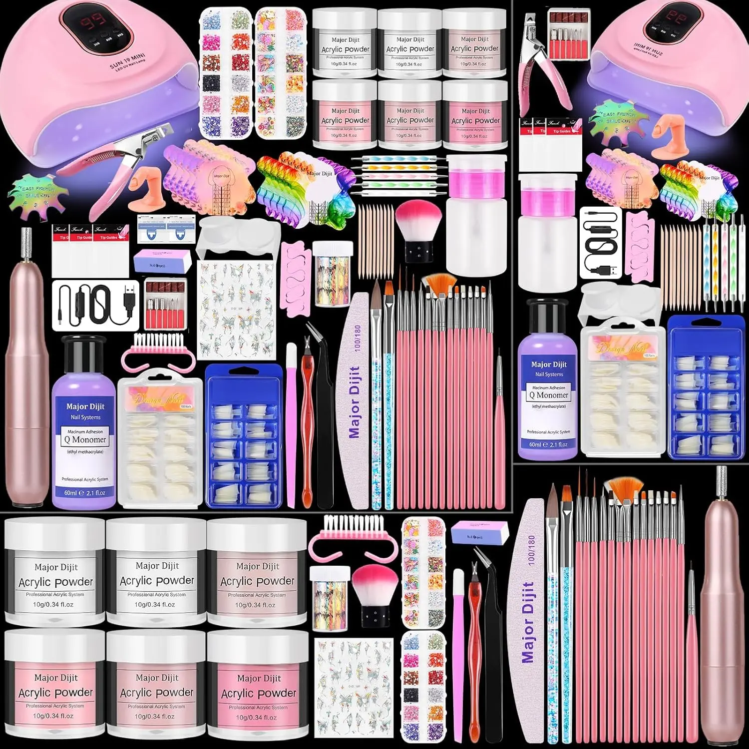 Acrylic Nail Kit with liquid Monomer,6 colors Glitter Acrylic powder UV Lamp   with Everything Nail Supplies (White)