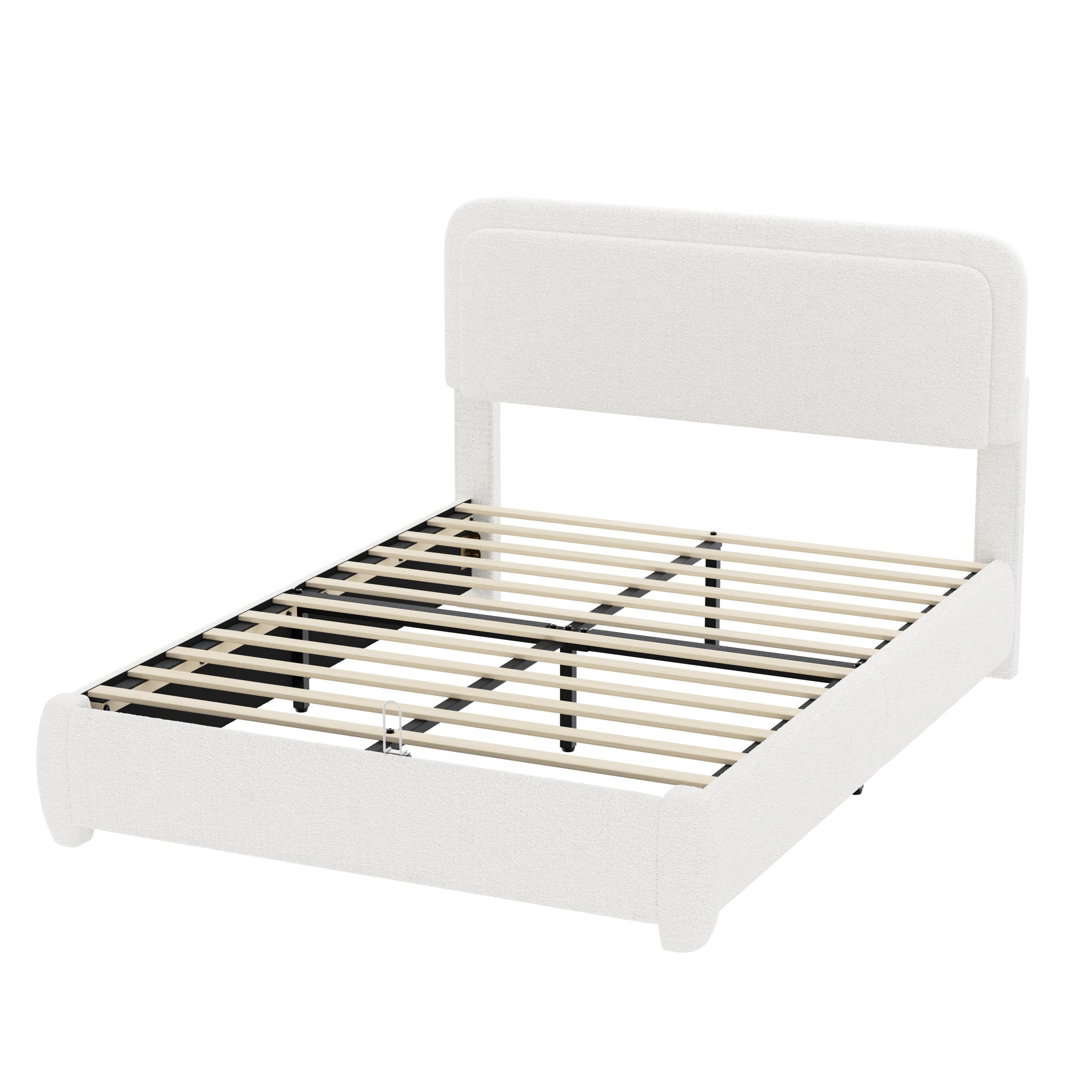 Queen Size Bed Frame with Adjustable Height Headboard, Modern Queen Platform Bed with Curved Cloud Headboard, Elegant Boucle Fabric Low Profile Platform Bed, No Box Spring Needed, Easy Assembly, White