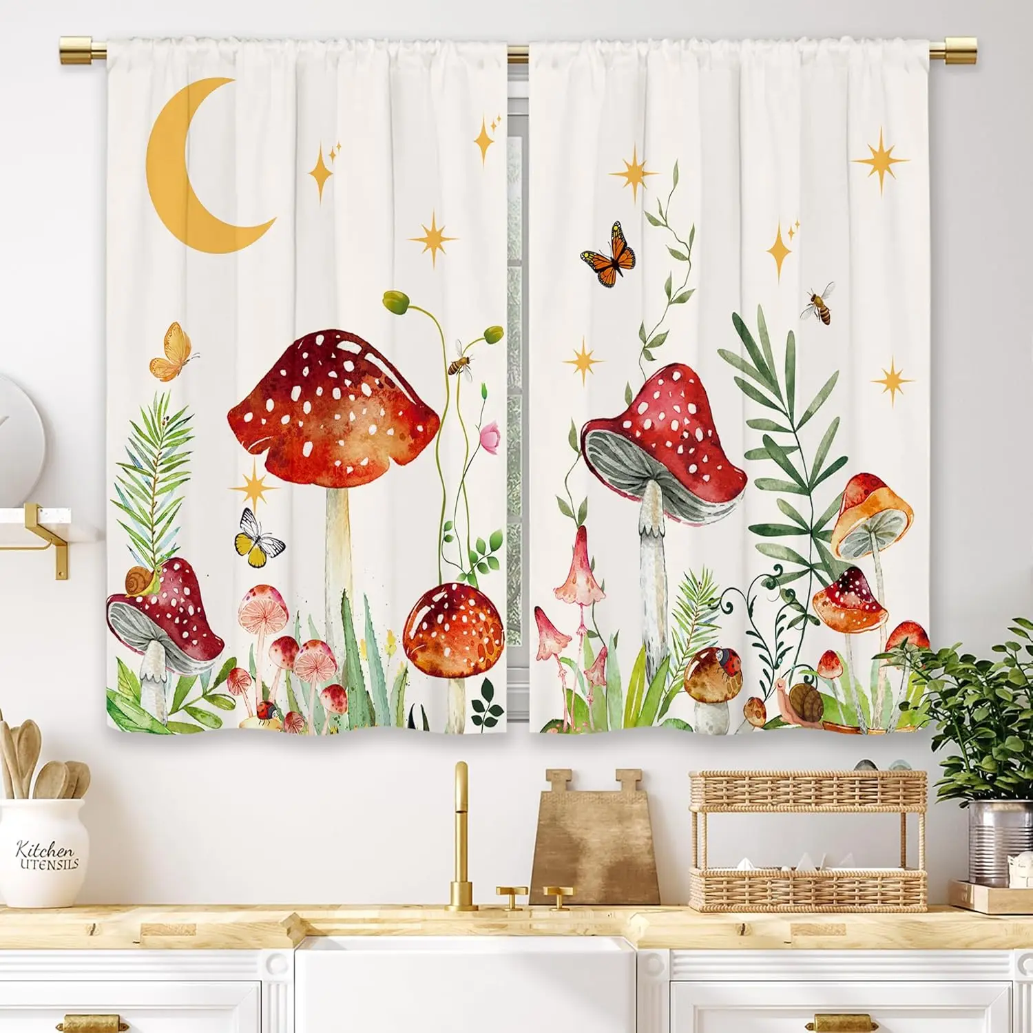 01-Red Mushroom Bohemian Colored Curtains, Wrinkle & Fade Resistant Retro Rod Pocket Tier Drapes, 2-Panel Small Short Window Treatments for Cafe/Bathroom (27.5x39 in)