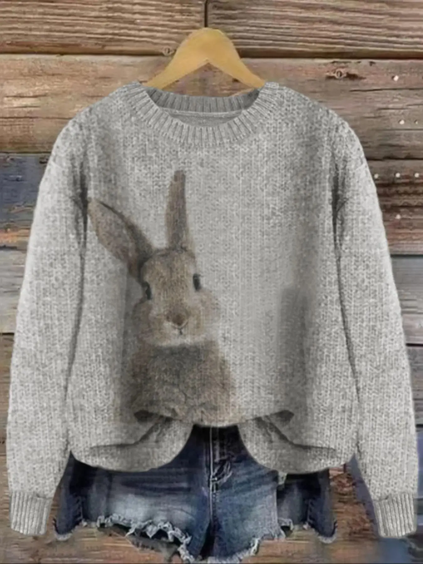 Women's Rabbit Print Drop Shoulder Sweater, Casual Style Baggy Long Sleeve Round Neck Jumper for Fall & Winter, Fashion Ladies' Knitwear for Daily Wear