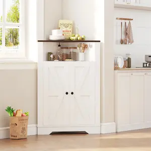 64.8" Tall Farmhouse Corner Cabinet with 4 Doors and 5 Storage Shelves, Farmhouse Storage Cabinet with Barn Door Design, Home Space Saver for Living Room, Kitchen, Laundry Room
