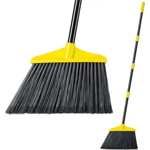 Outdoor/Indoor Broom Heavy Duty, Commercial Broom with 53" Extendable Long Handle, Household Angle Corner Brooms for Patio, Garage, Deck, Lobby, Courtyard Sweeping, Yellow