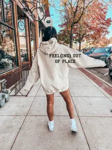 Lady's Long-Sleeve Cotton Casual Women's Pullover Hoodie, Comfortable Polyester Sweatshirt with "Feeling Out Of Place" Back Print