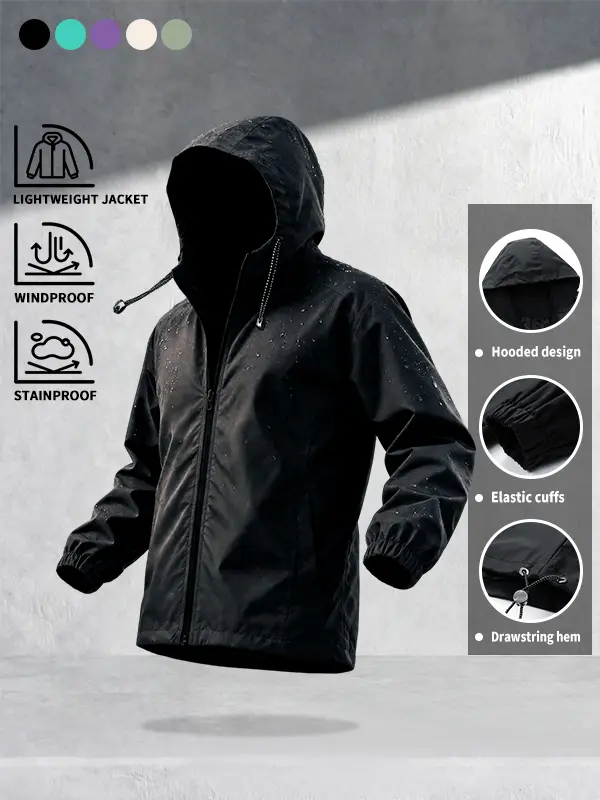 Outdoor windproof waterproof hooded jacket!Lightweight water-repellent fabric for unexpected weather changes, relaxed fit that suits any body type, drawstring hood and elastic cuffs, available in multiple colors—a versatile outerwear piece for commuting a