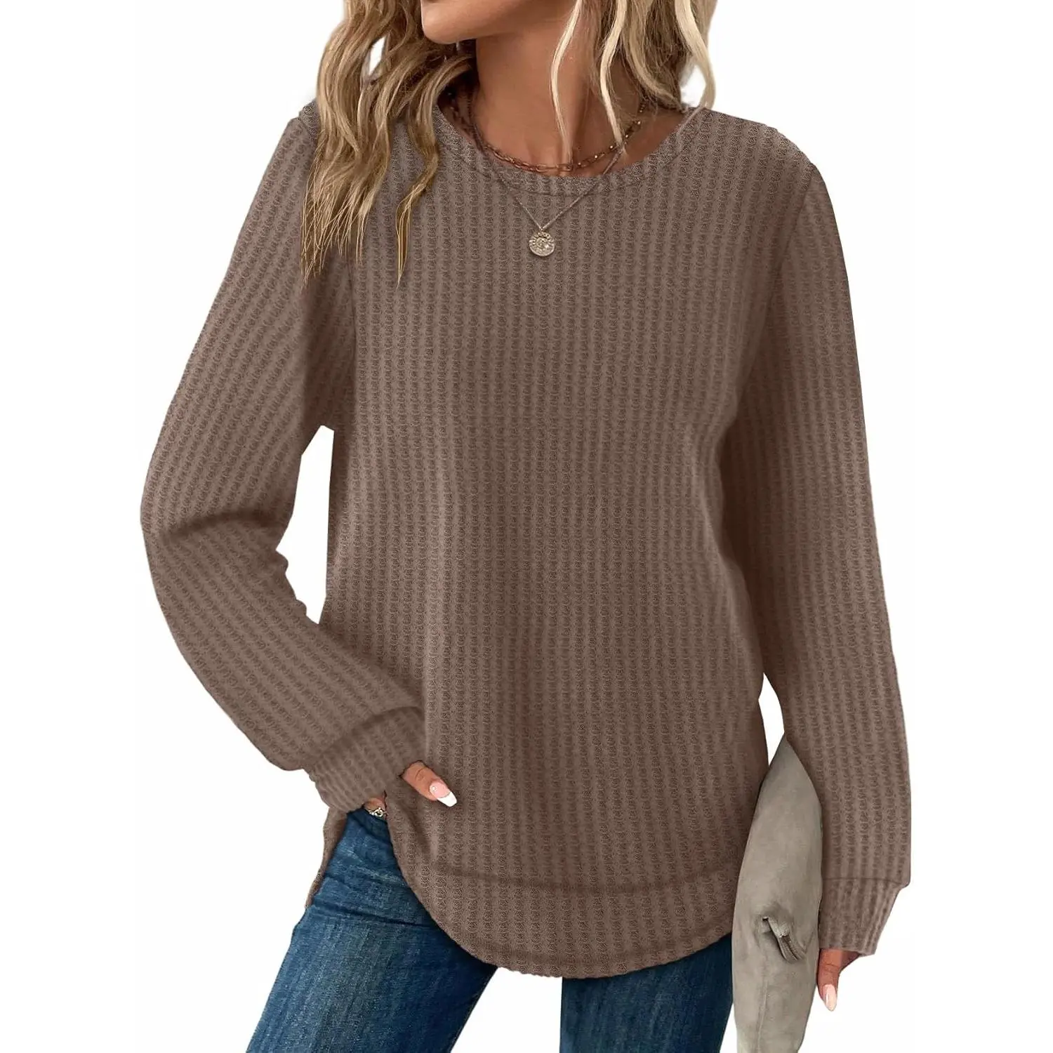 Tunic Tops for Women Loose Fit Dressy Waffle Knit Long Sleeve Shirts Trendy Fall Fashion Crewneck Sweaters Curved Hem