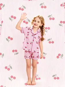 2-piece children's full body pink and white striped cherry pattern printed short sleeved shorts with soft and comfortable fabric, featuring a collar design and elastic waistband for home, daily, and casual children's sleepwear