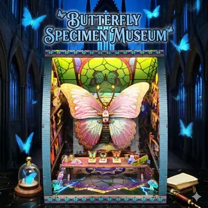 DIY Book Nook Kit Vintage Butterfly Specimen, 3D Wooden Miniature House, Dark Academia Bookshelf Insert Decor, Lighted Craft Ornament for Adults, Wood Design