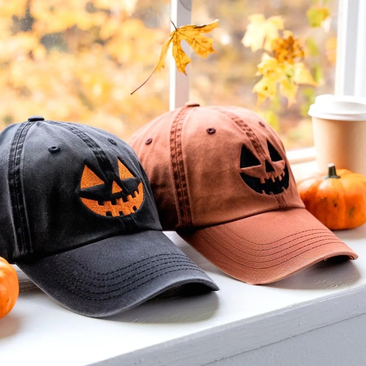 Embroidered Jack-o'-Lantern Washed Dad Hat: Spooky Halloween Hat