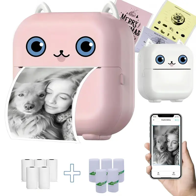 Portable Mini Printer, Inkless Printer, Inkless Printing, Portable Photo Printer with Print Paper, Bluetooth-compatible Label Printer for iOS & Android, Photo Sticker Printer, Office Accessories, Inkless Travel Printer