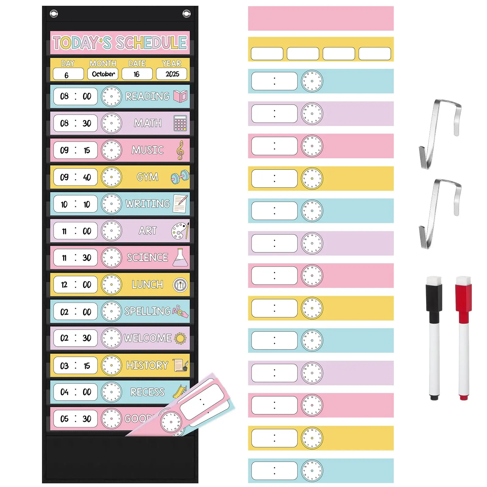 Back to School Pastel Classroom Visual Schedule Reusable 13-16 Pocket Daily Chart with Double-Sided Cards & Hooks Set, Class Organization Daily Schedule Chart Classroom Set Up Class Routine Pocket Chart for Kindergarten Elementary School Homeschool