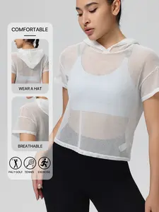 Breathable Mesh Hooded Short Sleeve T-Shirt, Thin Quick-Dry Yoga Top, Sporty Loose-Fitting Casual Fitness Wear, Yoga Clothes, Fitness Apparel