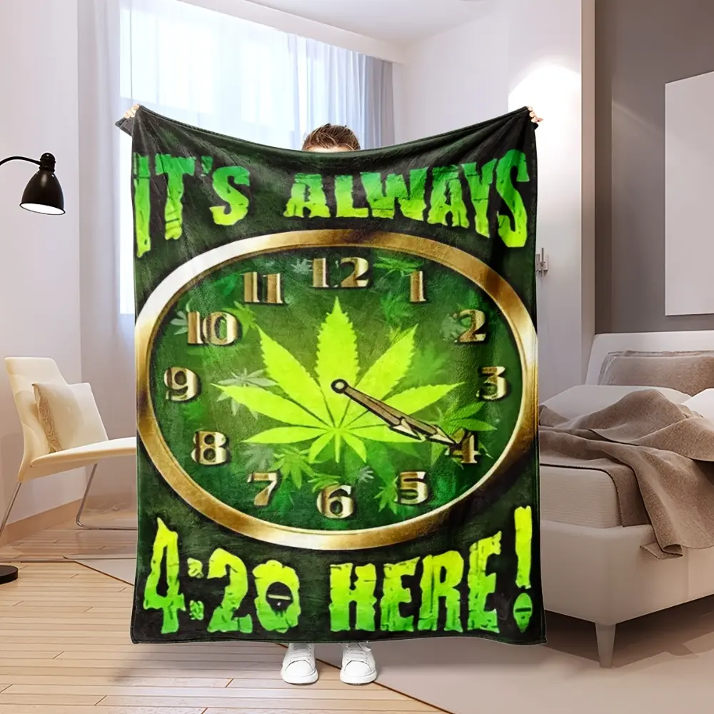 It's Always 4:20 Here Blanket, Funny Cannabis Leaf Throw Blanket, Weed Clock Design Flannel Fleece Blanket, Green Stoner Room Decor, Marijuana Leaf Pattern Blanket, Soft Cozy Blanket for Sofa Couch Bed, Cannabis Lover Gift