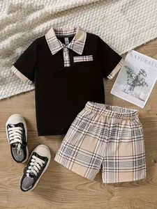 Boys Summer Polo Short Sleeve Top & Plaid Elastic Waist Shorts Set, Casual Patchwork, Loose-Fitting, Fashionable Kids Clothing
