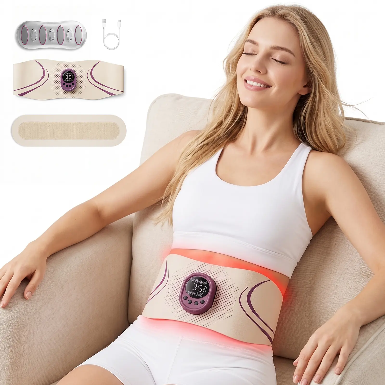 Waist Massager Belt with Red Blue Light, Bio-Pulse Smart EMS Microcurrent, 8 Bio-Pulse Modes, 35 Intensity Levels, 9 Heating Levels