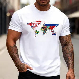 Plus Size Men's Short Sleeve Graphic Print World Map Country Flags T-shirt for Summer, Travel Wanderlust Tees Top Menswear Soft Cotton Unisex