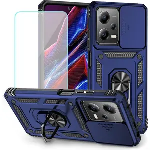 Case for Redmi Note 12 Pro Case/Poco X5 Pro 22101320G Case with Tempered Glass Screen Protector and Slide Camera Cover, 360°Rotate Ring Stand Magnetic Cover for Xiaomi Redmi Note 12 Pro 5G Blue
