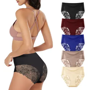 QUASTI Women's 5-Piece High-Waisted Polyester Lace Thongs - Crossover, Seamless, Soft, Smooth, Skin-Friendly, Fit, Sexy, No-Show Briefs with Spliced Lace, Elegant for Everyday Wear, S-XXL (Black, Mix Colors)