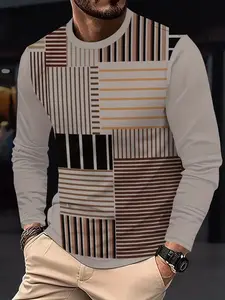 Men's Geometric Stripe Long Sleeve T-Shirt, Comfortable Breathable Sporty Top, Casual Streetwear, Outdoor Sports, Family Gatherings, Travel