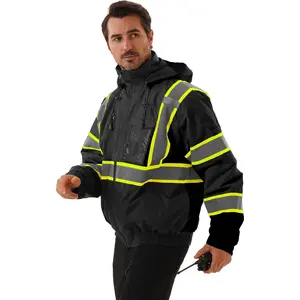 Men's Hi Vis Safety Hooded Work Jacket Reflective High Visibility Waterproof Zipper Bomber Jacket with Pockets ANSI Class 3 Black 6XL