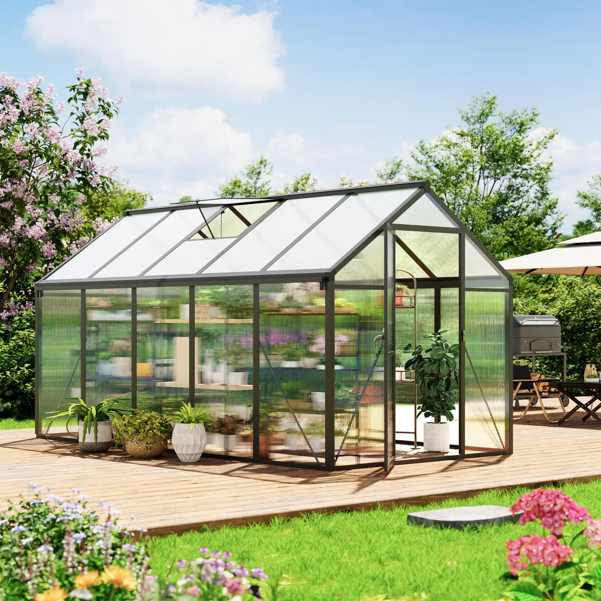6x10 FT Polycarbonate Walk-in Greenhouse – Heavy Duty Aluminum with Roof Vent & Lockable Swing Door for Garden, Backyard & Patio – Dark Grey