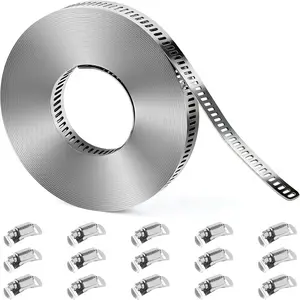 304 Stainless Steel Hose Clamps DIY Kit 26FT, Adjustable Metal Clamps Strap + 15 Fasteners, Large Worm Gear Hose Clamps, Pipe Clamp Screw Band Clamp for Auto,Duct,  Line
