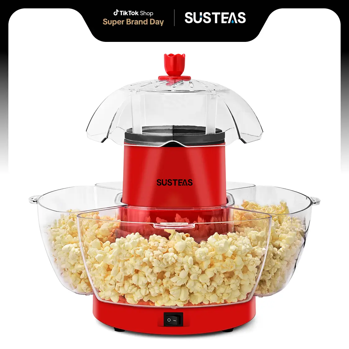SUSTEAS American Hot Air Popcorn Maker, Electric Popcorn Maker with 4 Serving Bowls and Measuring Cup, Oil-Free, Crunchy & Crispy Quality Kitchen Appl