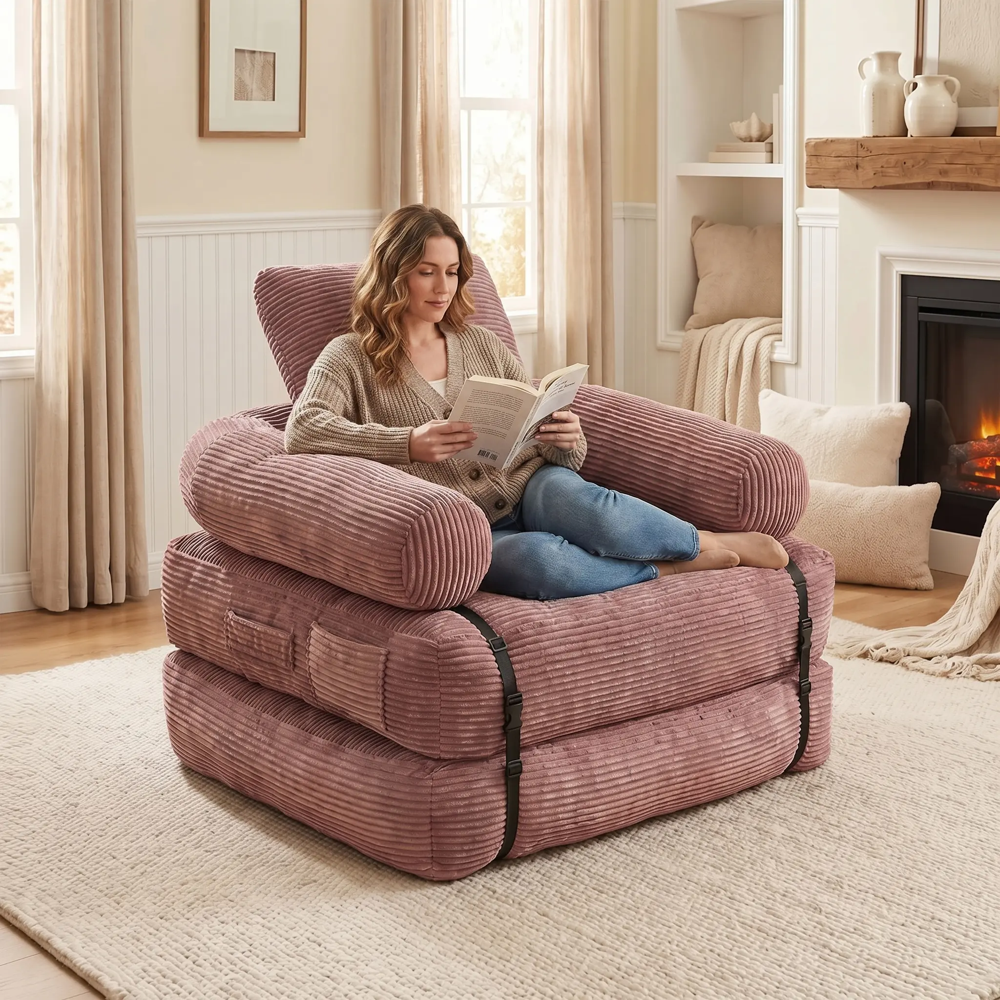 Velvet Foldable Sofa Bed, Multi-Functional Convertible Sleeper Chair, Deep Seating Lazy Sofa for Gaming, Reading & Sports Watching, Space-Saving Single Bed for Living Room & Guest Room