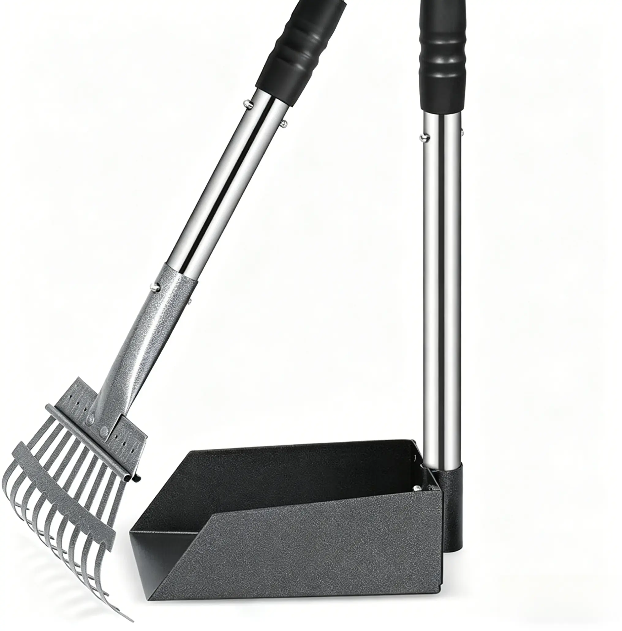 Pet Poop Scooper Set - Long-Adjustable Handle Exceeds 37 Inches, Durable Plastic Pet Waste Tool with 1 Rake, 1 Shovel Heavy-Duty Stainless Steel, Easy to Clean for Grass, Dirt Surfaces