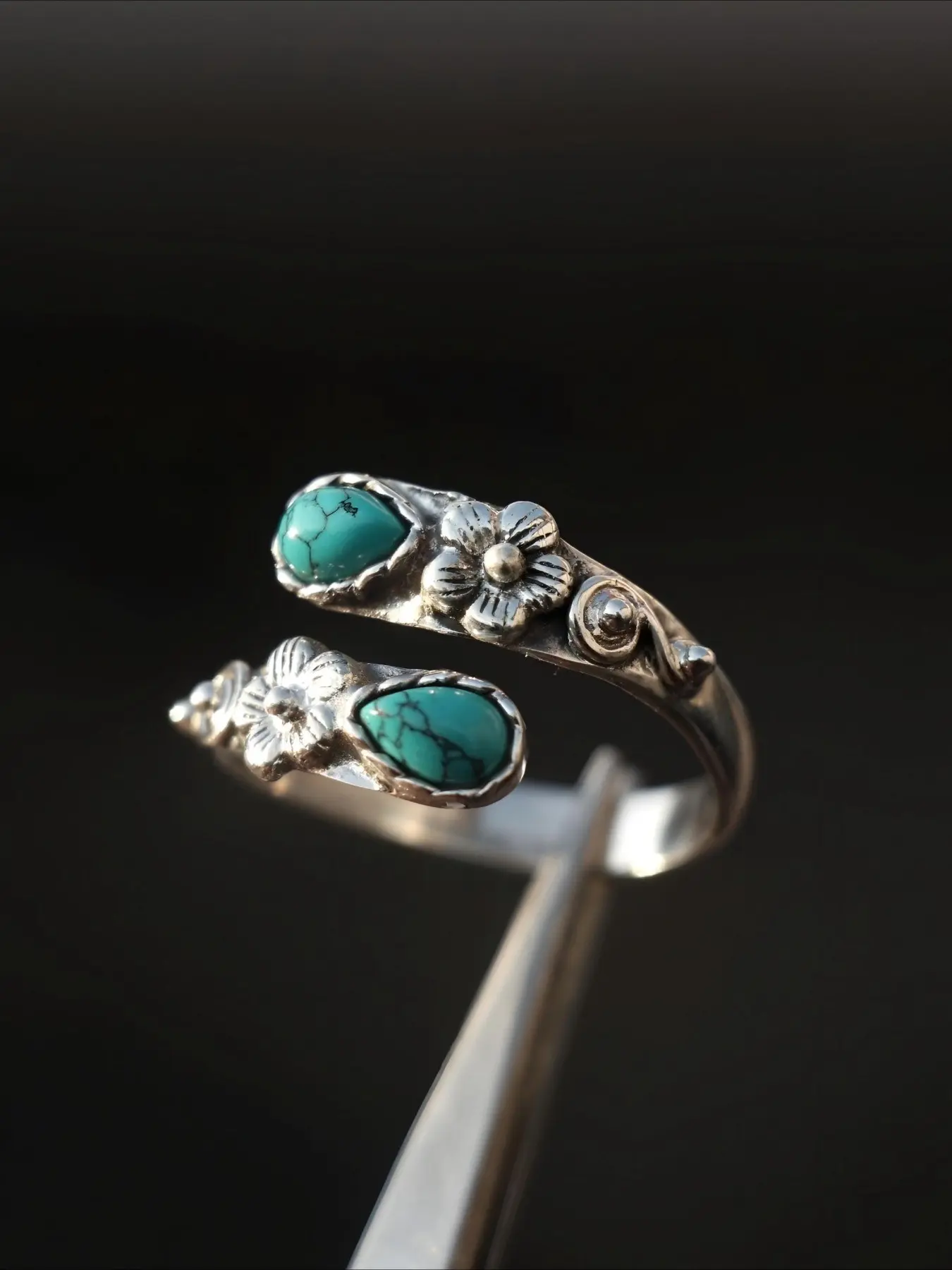 Bohemian Ethnic Water Drop Imitation Turquoise Flower Open Ring for Women, Vintage Rustic Casual Party Wedding Jewelry, Boho Style Rings