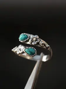 Bohemian Ethnic Water Drop Imitation Turquoise Flower Open Ring for Women, Vintage Rustic Casual Party Wedding Jewelry, Boho Style Rings