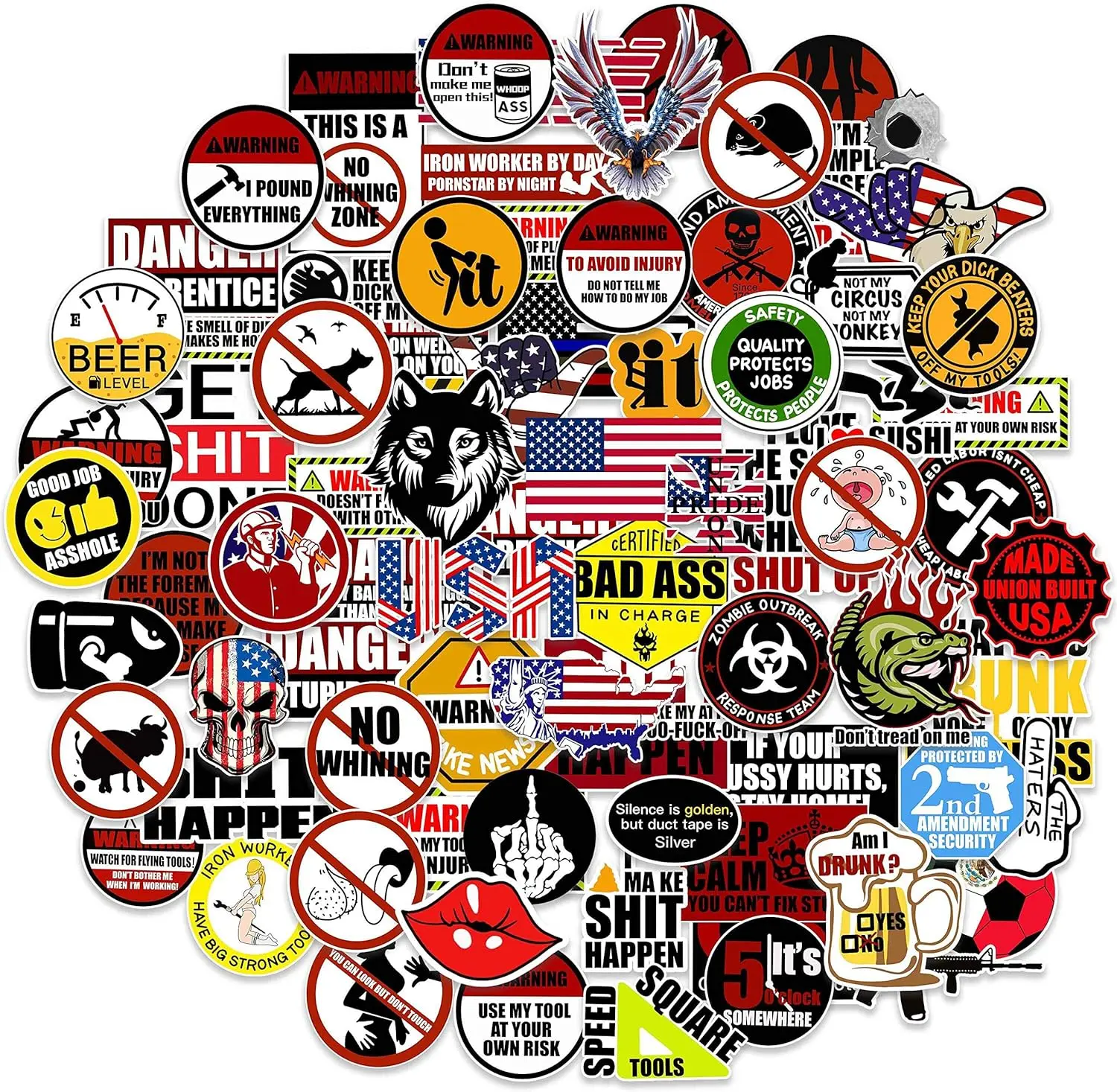 100-Pack PVC Waterproof Vinyl Hard Hat Stickers - Funny Laughter, Badass Work Humor & Morale Sayings for Construction Tool Boxes, Ironworkers (Alcohol-Themed Options Included), Funny Rude