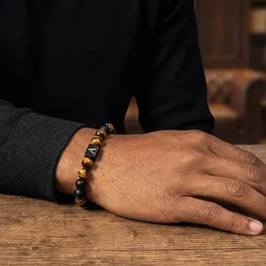 Initials Bracelets for Men Letter Link Handmade Natural Black Onyx Tiger Eye Stone Beads Braided Rope Meaningful Bracelet