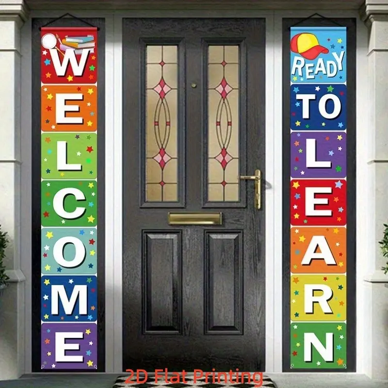 2D Flat 2-piece polyester rainbow-colored campus door curtain set, childlike star letter square design, suitable for indoor and outdoor use, suitable for classroom door welcome decoration, kindergarten opening season decoration