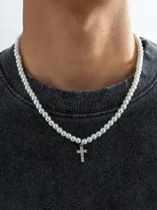 Rhinestones Decorated Cross Pendant Necklace, Fashion Faux Pearl Beaded Necklace for Party, Daily Clothing Decor, Trendy All-match & Exquisite Jewelry for Birthday Gift, Elegant Beaded Necklace
