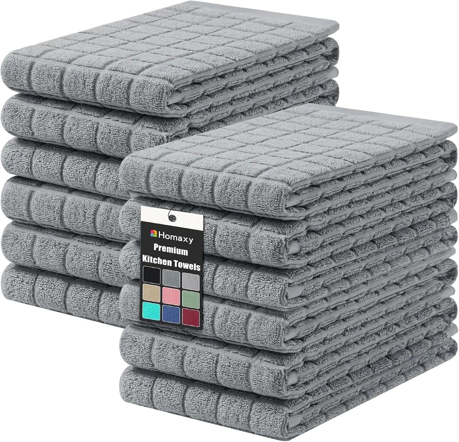 Homaxy Premium Cotton 16"x28" Large 390 GSM Ring-Spun Natural Terry Cloths, Super Absorbent Soft Hanging Loop Option, Grey Check Design for Dishes & Hands, 6-Pack