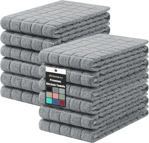 Homaxy Premium Cotton 16"x28" Large 390 GSM Ring-Spun Natural Terry Cloths, Super Absorbent Soft Hanging Loop Option, Grey Check Design for Dishes & Hands, 6-Pack