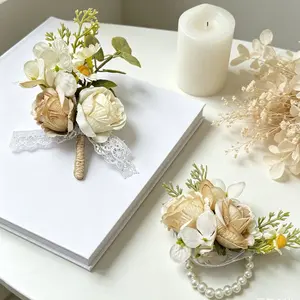 2-Piece  Rose Boutonniere + Wrist Corsage Set, Elegant Wedding Prom Party Floral Accessories for Groom Bride Bridesmaid