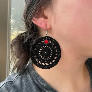Crochet Earrings with Charms - Black Crochet Design Featuring Red Rose Charms