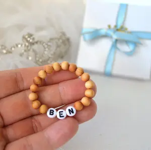 Wooded Natural Sandalwood Baby Boy Name Bracelet – Personalized Baby Boy and Toddler Bracelet - Baby Shower Gift Jewelry