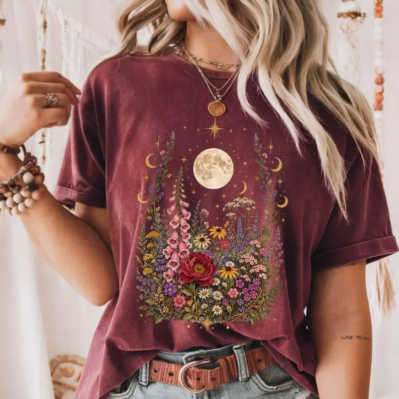 Comfort Colors Boho Wildflower Celestial Moon TShirt, Mystical Floral Botanical Tee, Spiritual Nature TShirt for Women
