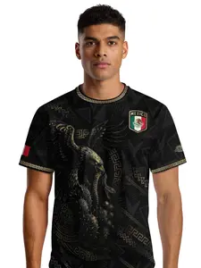 Mexico Soccer Jersey Aztec Eagle and Serpent Design, Sporty Long Fitted Shirt, All Seasons Clothing, Ethnic Striped Pattern, Lightweight Jersey