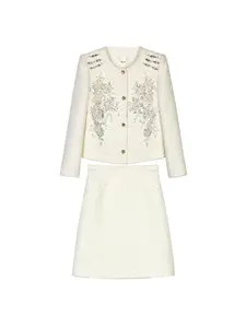 Two-Piece Set Women's Solid Color Jacquard Tweed Jacket & Skirt, Elegant Fashion Casual Outerwear & Skirt for Daily Outdoor Wear, Women's Clothing for Spring Fall, Suits