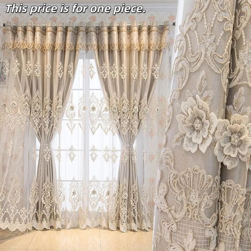 European Custom Double Layer Thick Embossed Lace Window Curtain, Home Decorative Curtain, Full Light Blocking, High-End Fabric Sheer, Ready Made for Living Room Bedroom, Home Decoration Curtain, Ready Made Curtains