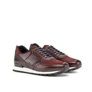 Jogger Sneakers – Premium Handmade Burgundy Leather Trainers with Python-Embossed Finish, Suede Accents, Cushioned Sole & Luxury Streetwear Style