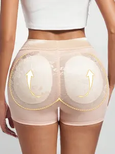 Women High Waist Butt Lifter Shapewear Shorts Floral Mesh Hip Pads Tummy Control Lace Waistband Anti Chafe Seamless Shaping Safety Short Pants Daily Outfit
