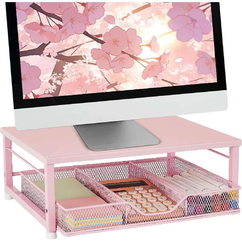 Cute Aesthetic Pink Small Laptop Monitor Stand Ergonomic Desktop Riser With Built-In Storage Drawer Space Saving Computer Holder Organizer Decor Supplies For Home Office School Student Workstation Laptop Setup Thoughtful Gift For Girls Women Coworkers